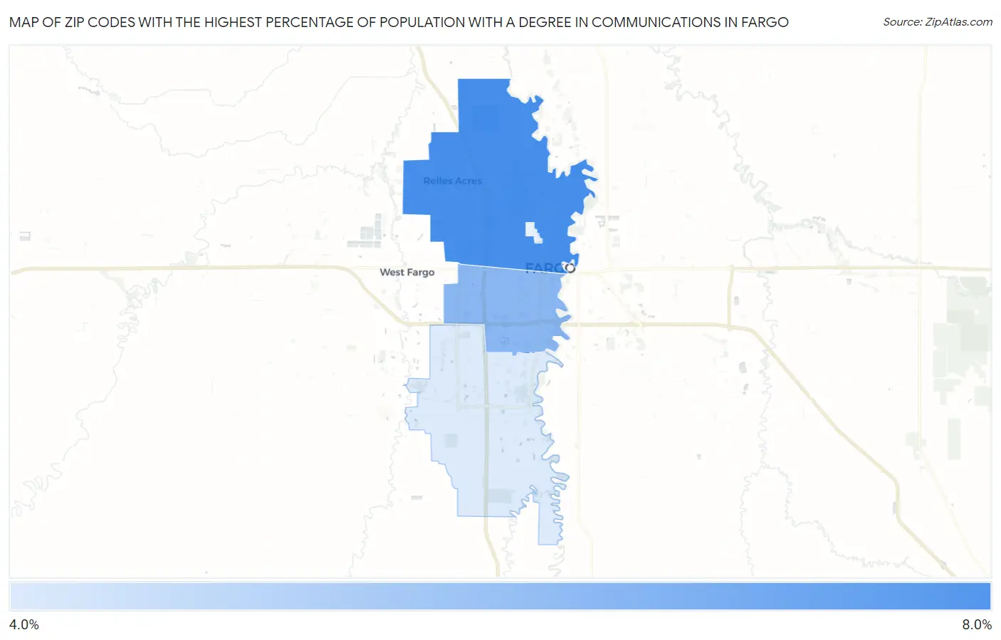 Zip Codes with the Highest Percentage of Population with a Degree in Communications in Fargo Map