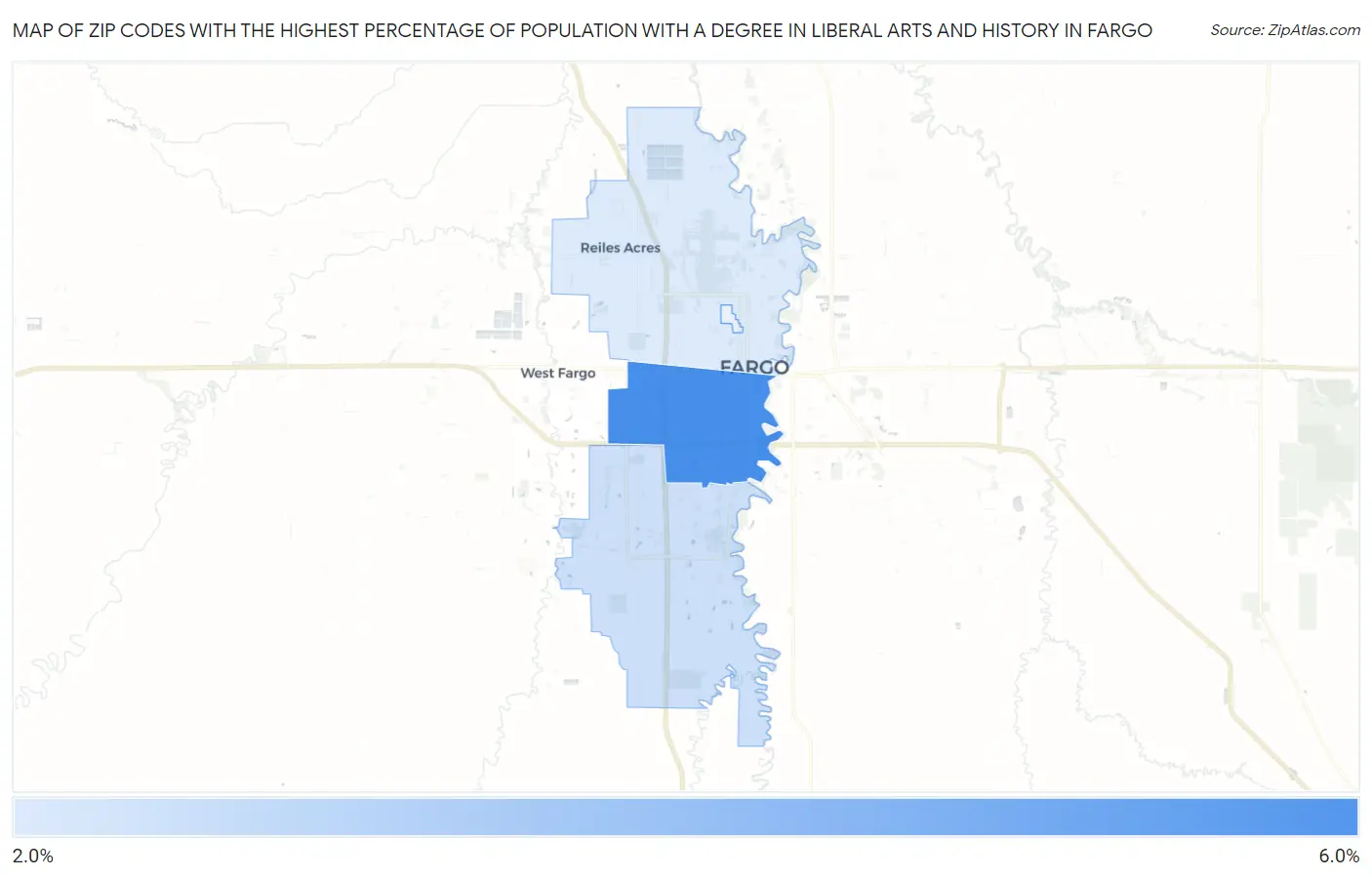 Zip Codes with the Highest Percentage of Population with a Degree in Liberal Arts and History in Fargo Map