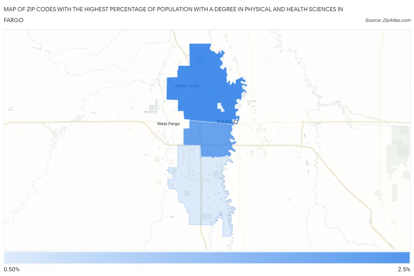 Zip Codes with the Highest Percentage of Population with a Degree in Physical and Health Sciences in Fargo Map