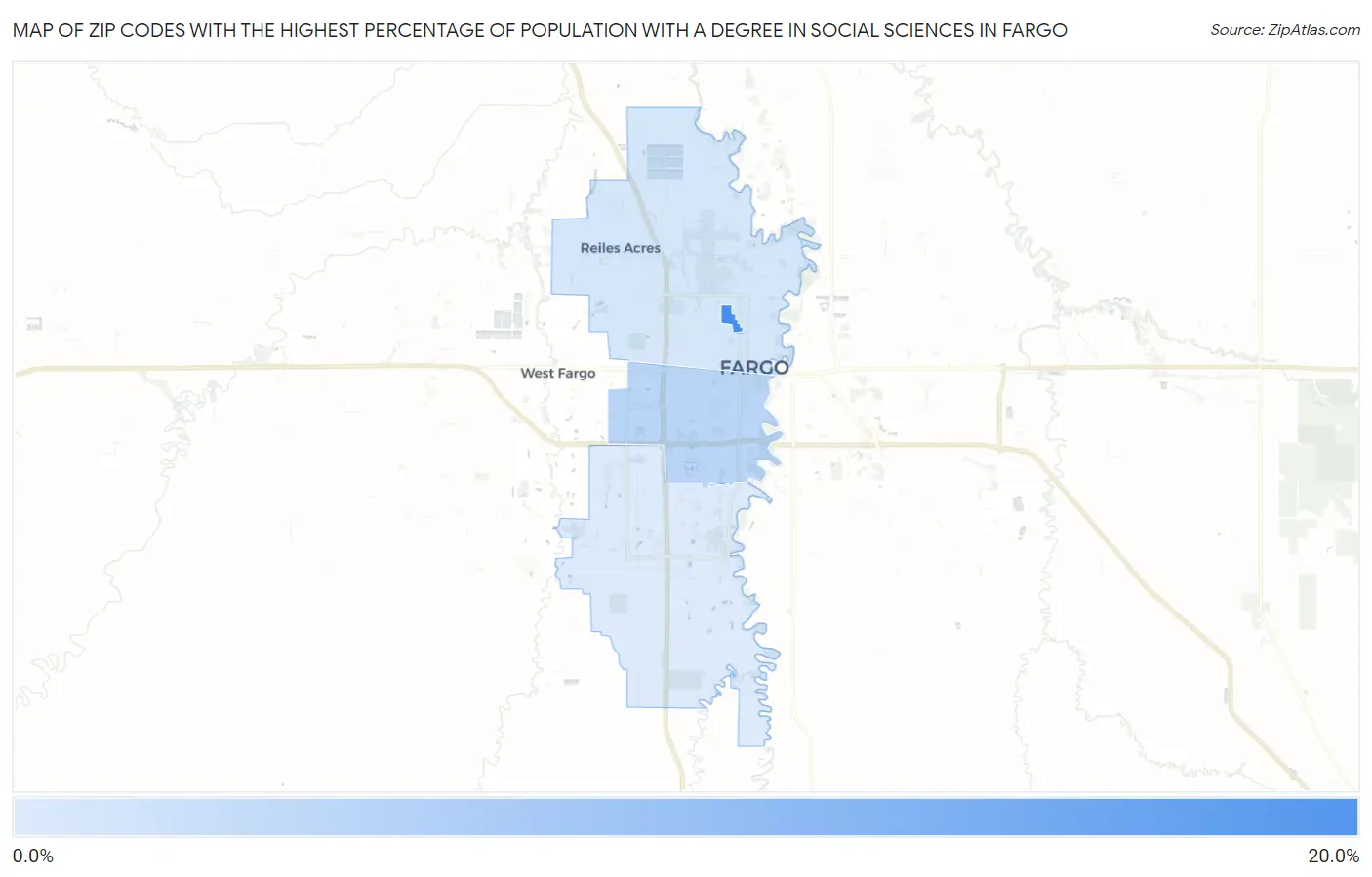 Zip Codes with the Highest Percentage of Population with a Degree in Social Sciences in Fargo Map