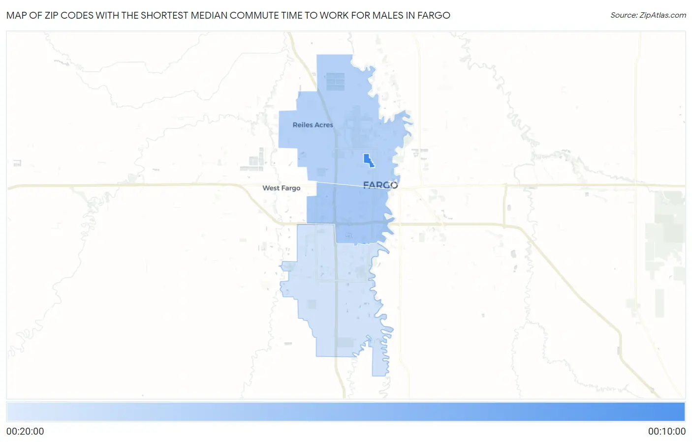 Zip Codes with the Shortest Median Commute Time to Work for Males in Fargo Map