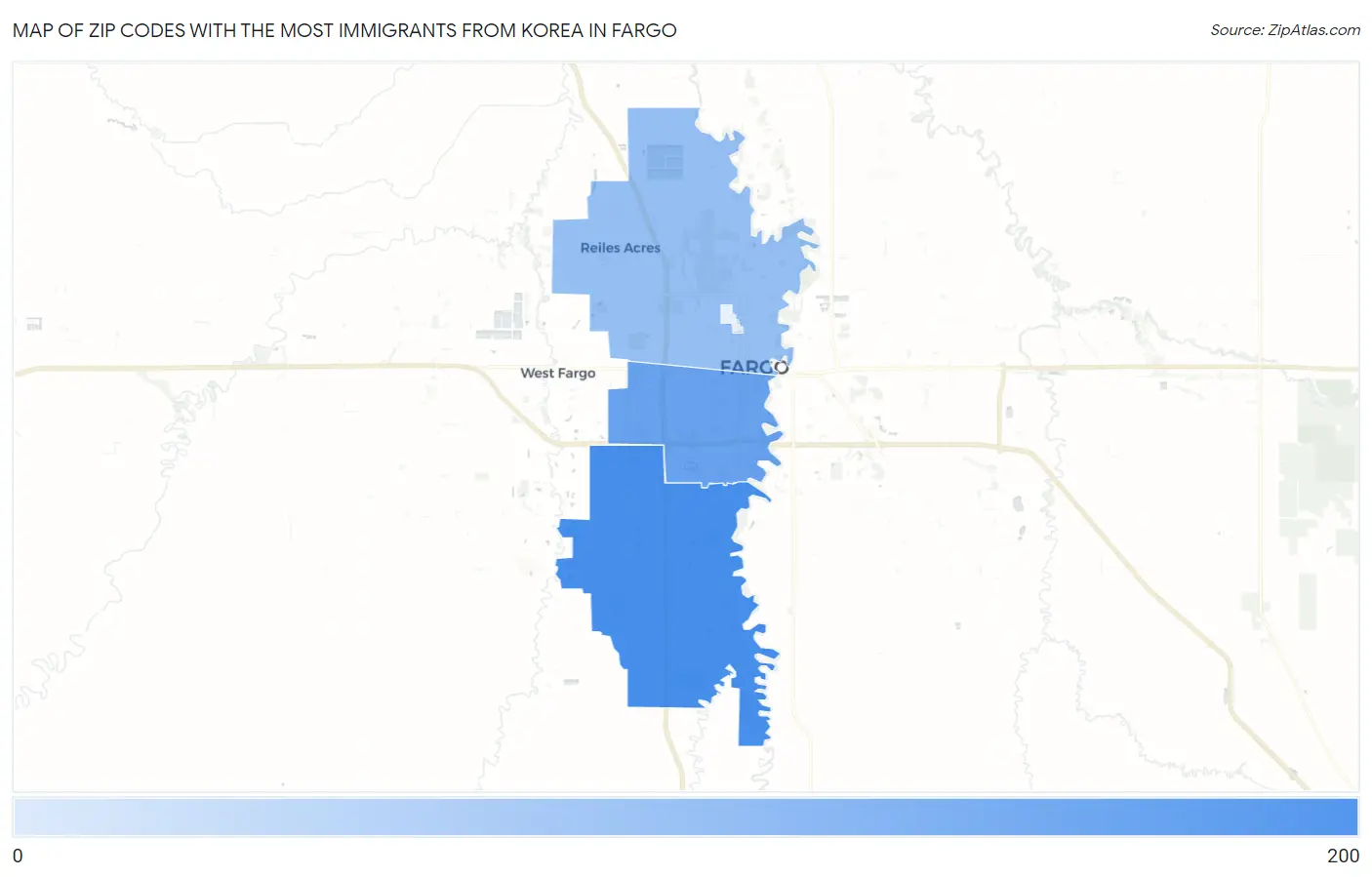 Zip Codes with the Most Immigrants from Korea in Fargo Map