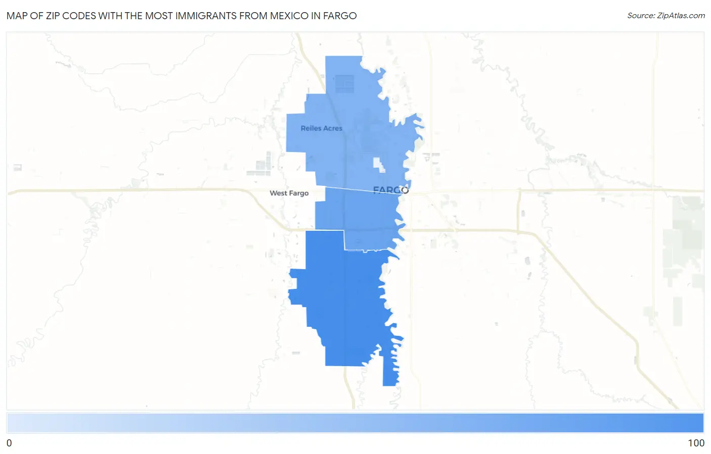 Zip Codes with the Most Immigrants from Mexico in Fargo Map