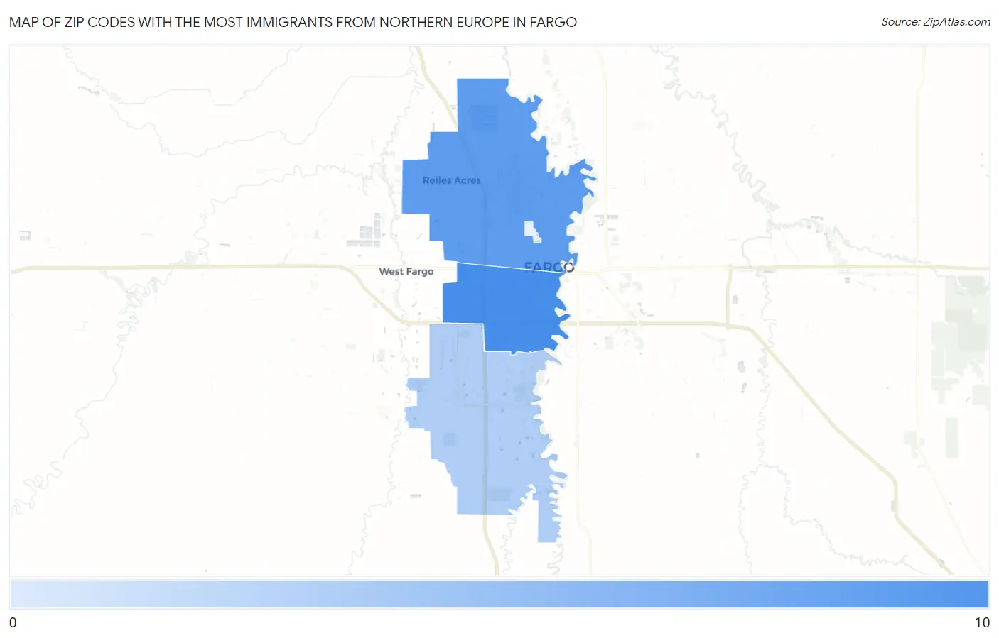 Zip Codes with the Most Immigrants from Northern Europe in Fargo Map
