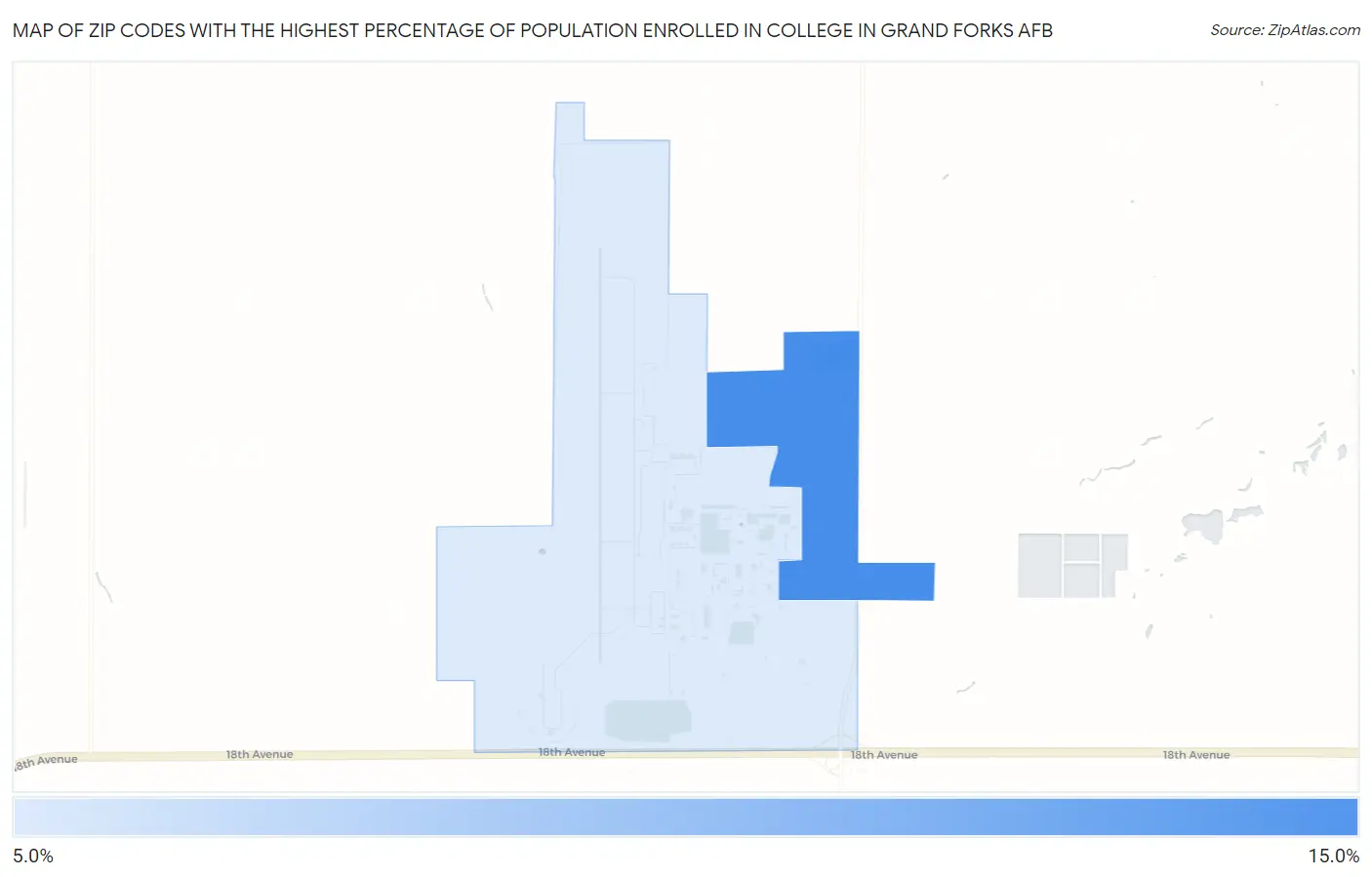 Zip Codes with the Highest Percentage of Population Enrolled in College in Grand Forks AFB Map