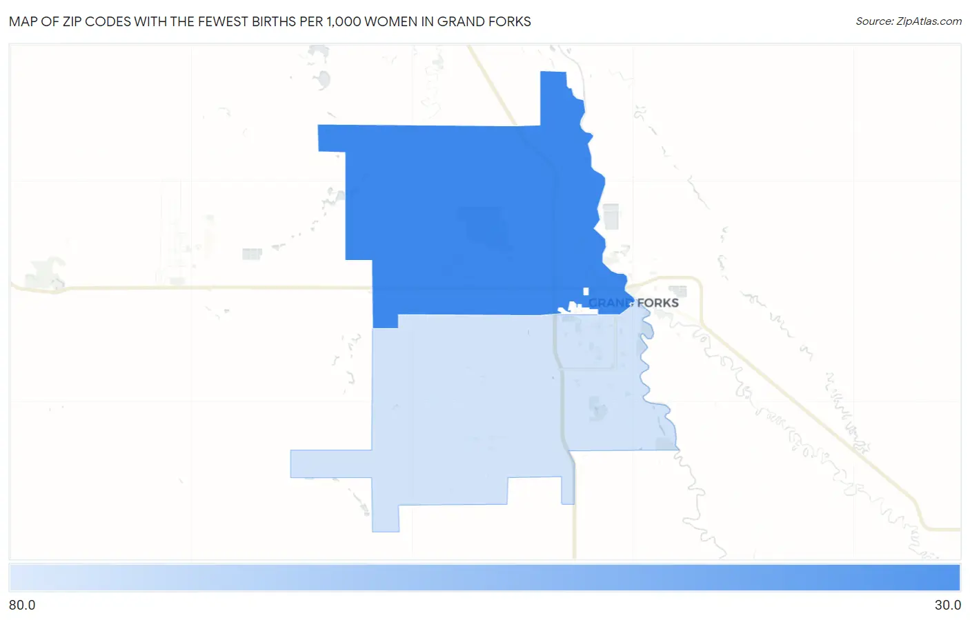 Zip Codes with the Fewest Births per 1,000 Women in Grand Forks Map