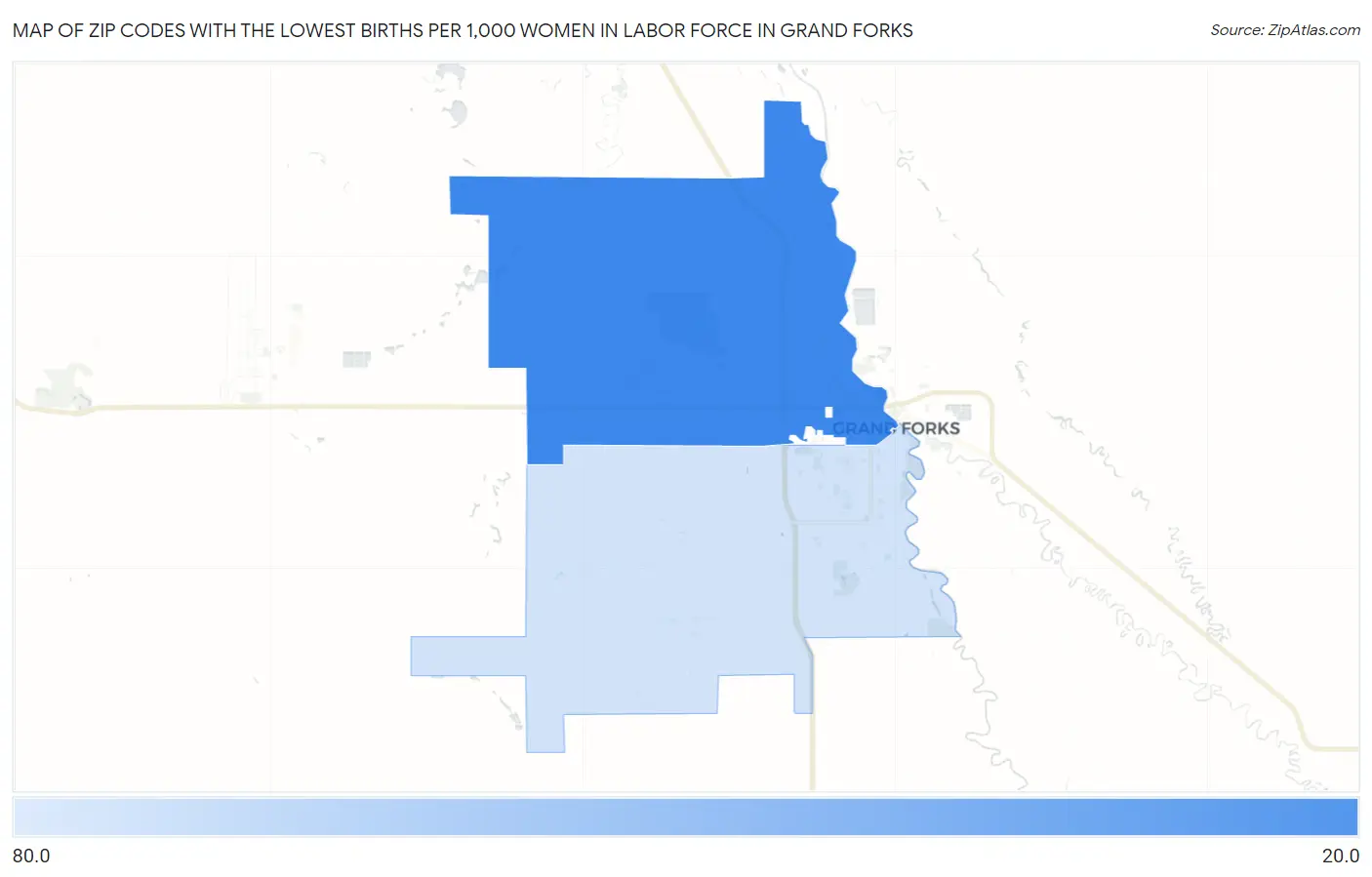 Zip Codes with the Lowest Births per 1,000 Women in Labor Force in Grand Forks Map