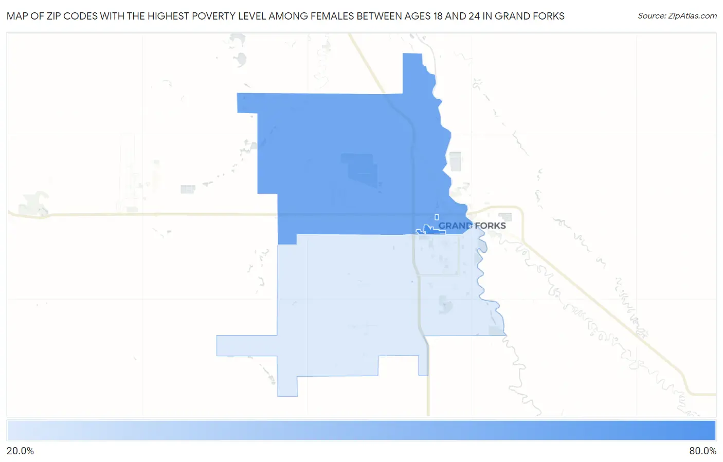 Zip Codes with the Highest Poverty Level Among Females Between Ages 18 and 24 in Grand Forks Map