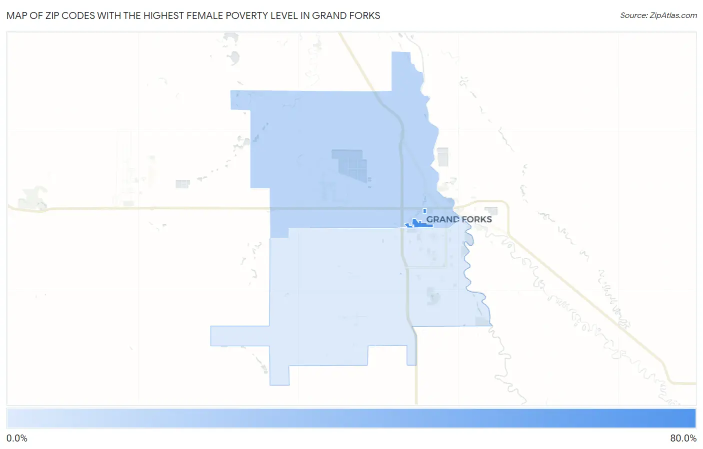 Zip Codes with the Highest Female Poverty Level in Grand Forks Map