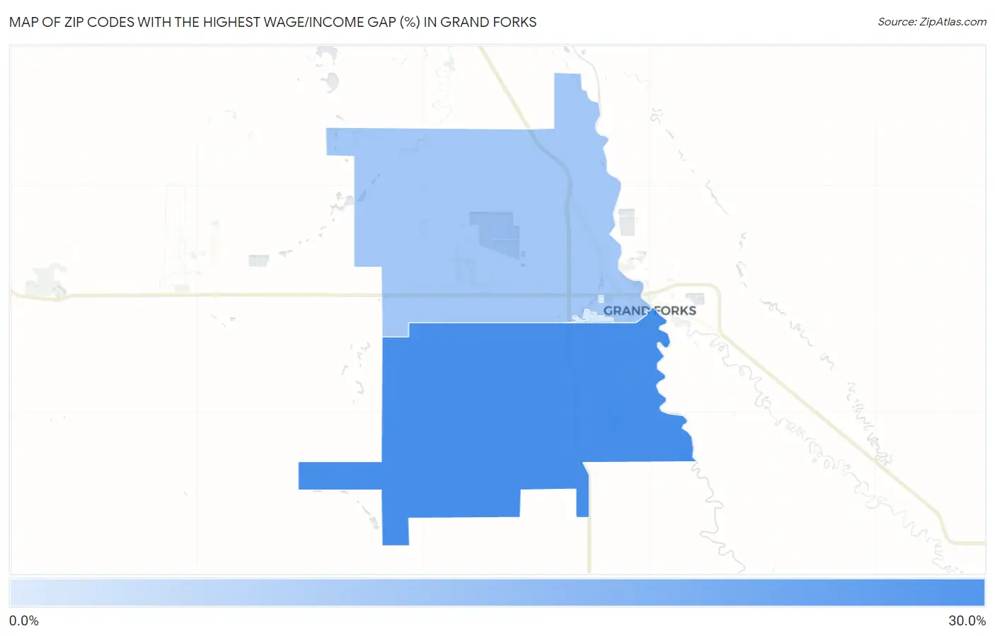 Zip Codes with the Highest Wage/Income Gap (%) in Grand Forks Map