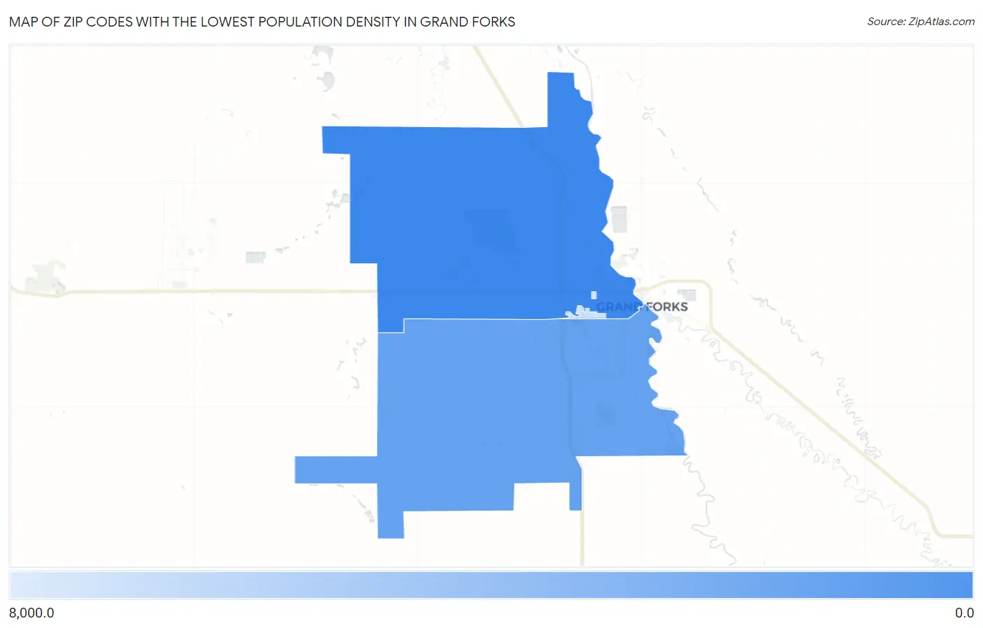 Zip Codes with the Lowest Population Density in Grand Forks Map