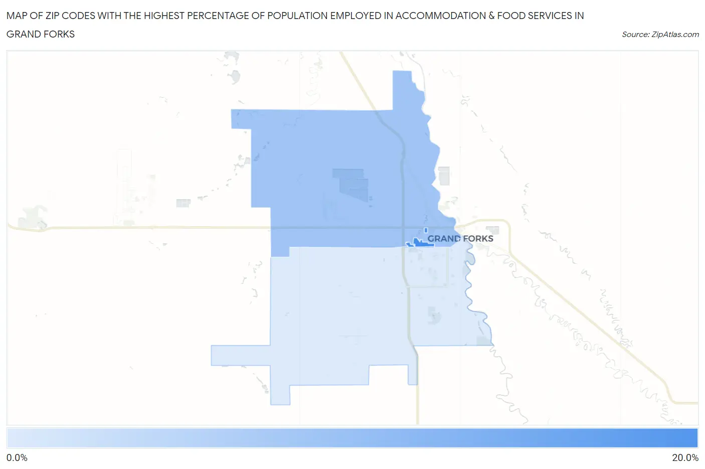 Zip Codes with the Highest Percentage of Population Employed in Accommodation & Food Services in Grand Forks Map