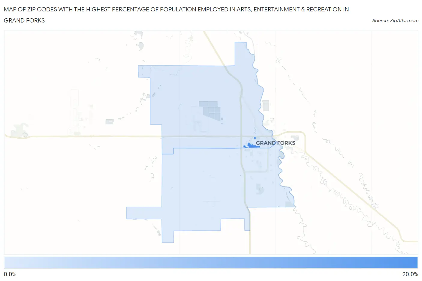 Zip Codes with the Highest Percentage of Population Employed in Arts, Entertainment & Recreation in Grand Forks Map