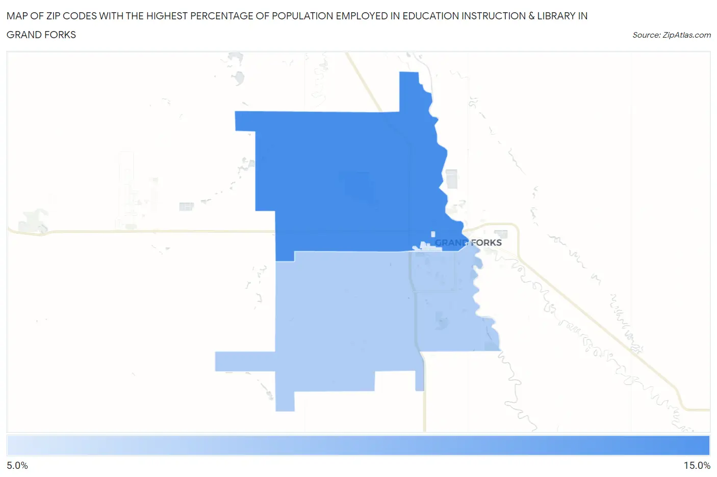 Zip Codes with the Highest Percentage of Population Employed in Education Instruction & Library in Grand Forks Map
