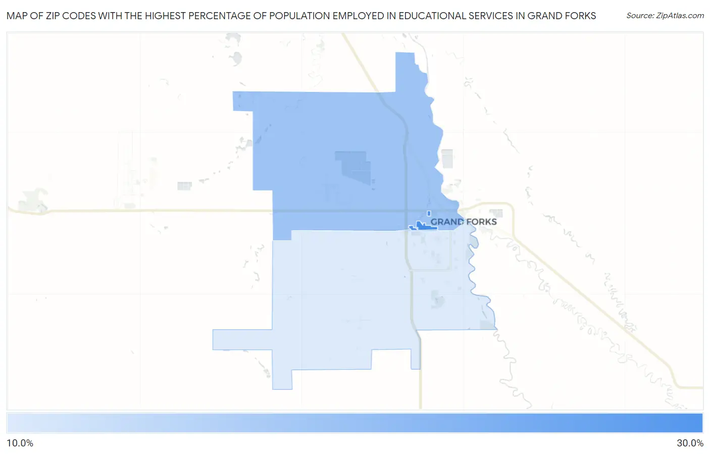 Zip Codes with the Highest Percentage of Population Employed in Educational Services in Grand Forks Map
