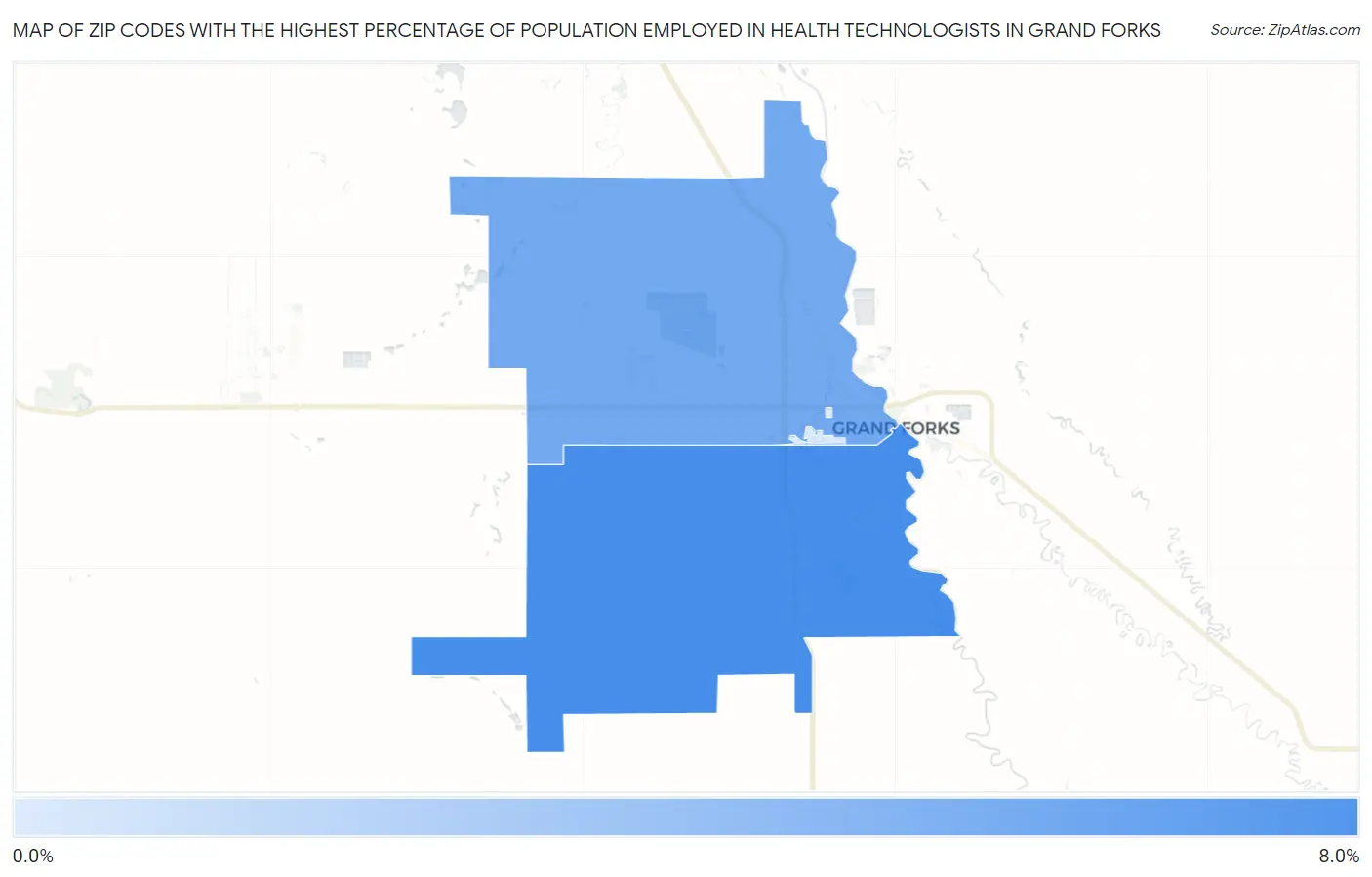 Zip Codes with the Highest Percentage of Population Employed in Health Technologists in Grand Forks Map