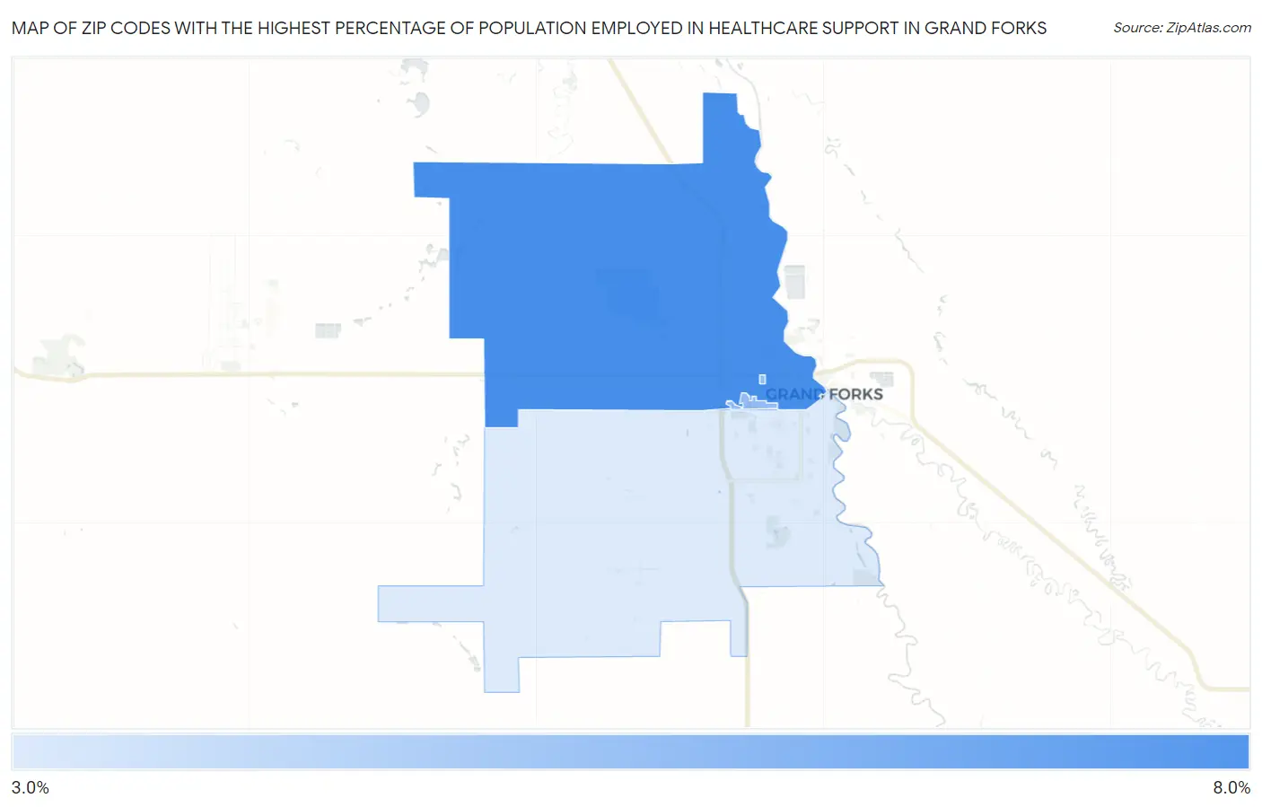 Zip Codes with the Highest Percentage of Population Employed in Healthcare Support in Grand Forks Map