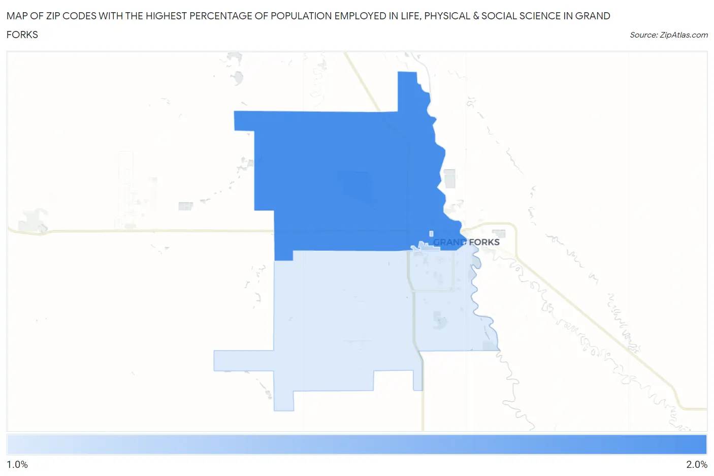 Zip Codes with the Highest Percentage of Population Employed in Life, Physical & Social Science in Grand Forks Map