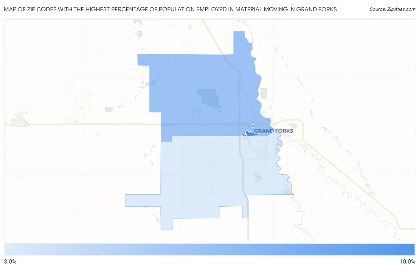 Zip Codes with the Highest Percentage of Population Employed in Material Moving in Grand Forks Map