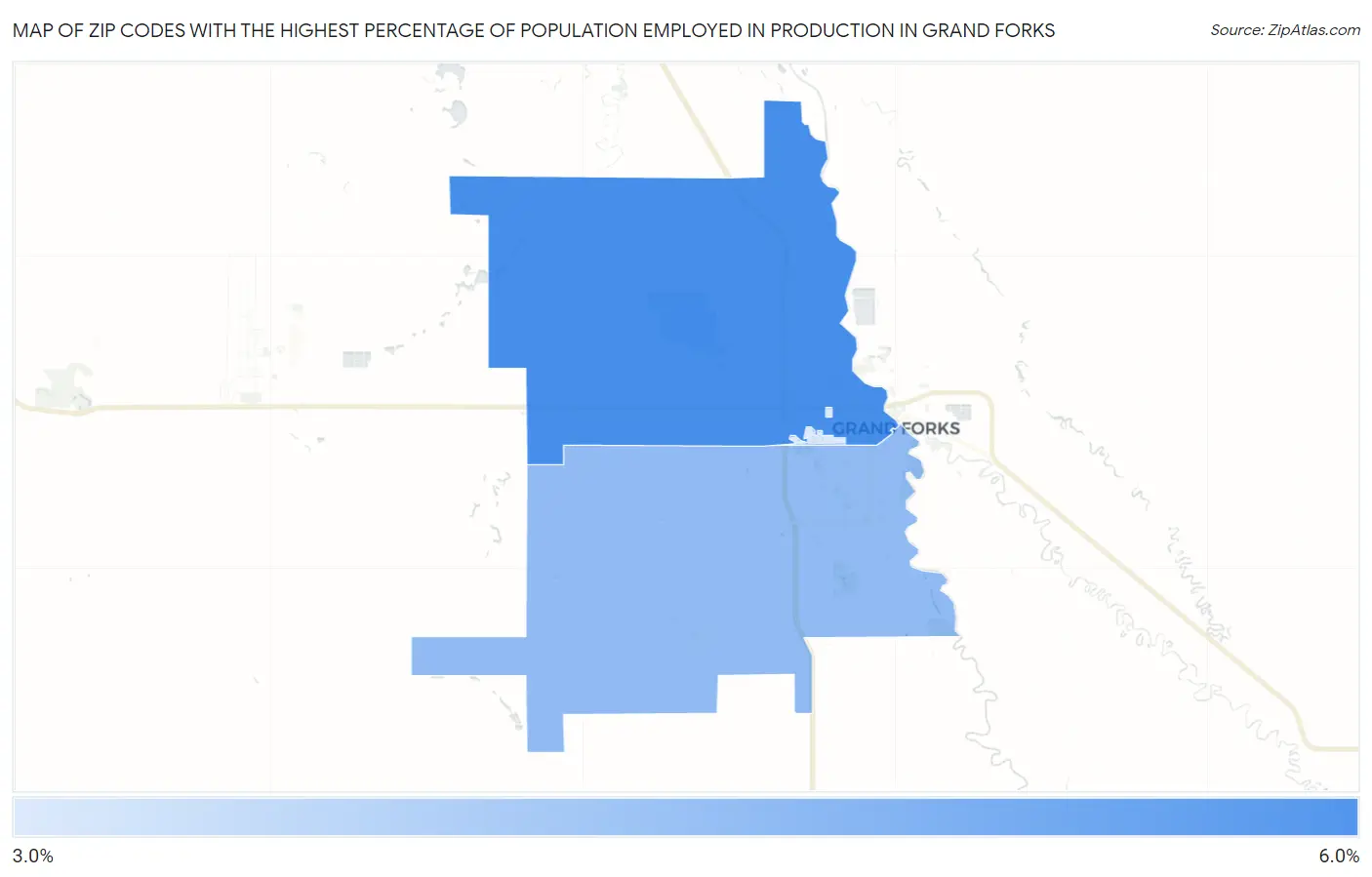 Zip Codes with the Highest Percentage of Population Employed in Production in Grand Forks Map