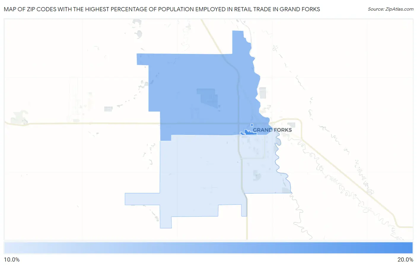 Zip Codes with the Highest Percentage of Population Employed in Retail Trade in Grand Forks Map