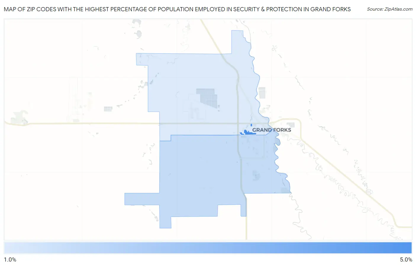 Zip Codes with the Highest Percentage of Population Employed in Security & Protection in Grand Forks Map