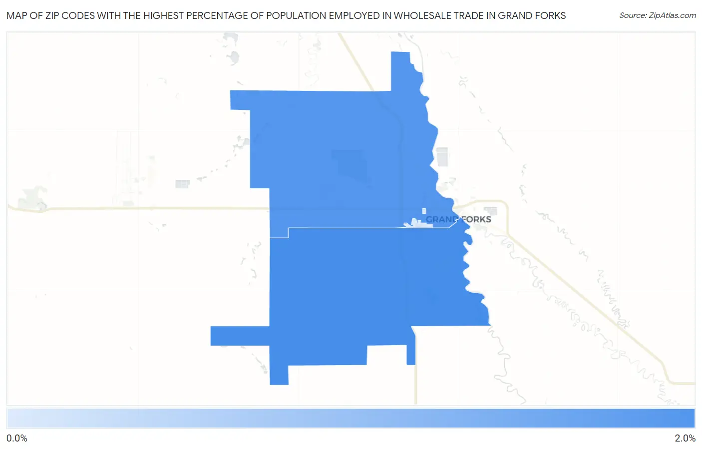 Zip Codes with the Highest Percentage of Population Employed in Wholesale Trade in Grand Forks Map