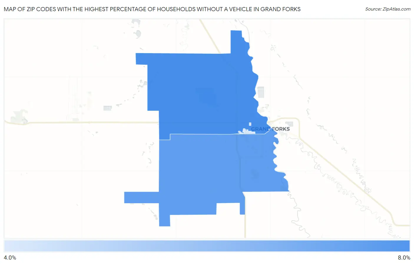 Zip Codes with the Highest Percentage of Households Without a Vehicle in Grand Forks Map