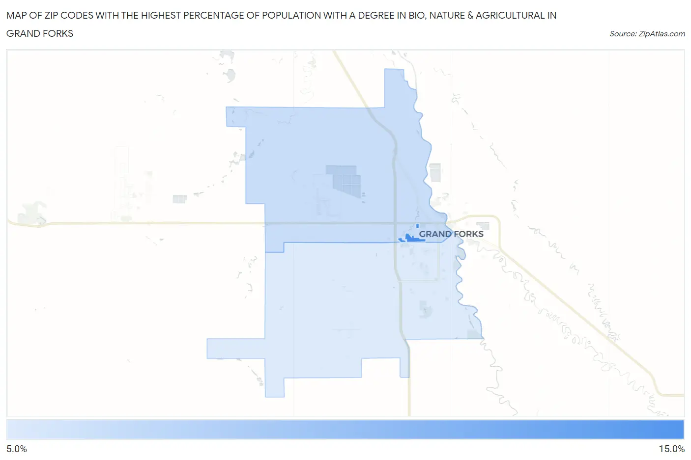 Zip Codes with the Highest Percentage of Population with a Degree in Bio, Nature & Agricultural in Grand Forks Map