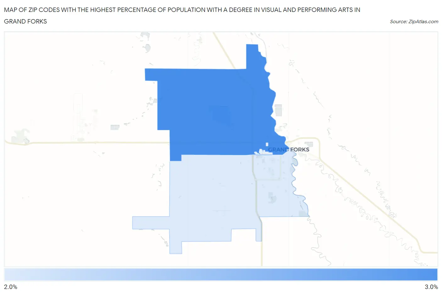 Zip Codes with the Highest Percentage of Population with a Degree in Visual and Performing Arts in Grand Forks Map
