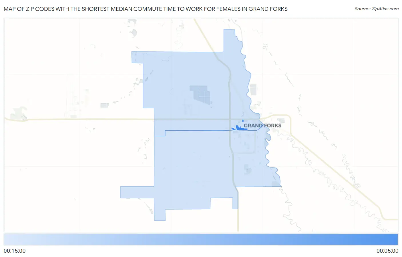 Zip Codes with the Shortest Median Commute Time to Work for Females in Grand Forks Map