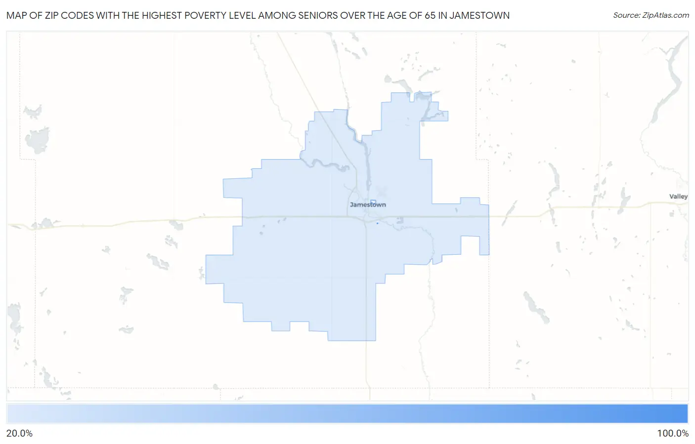 Zip Codes with the Highest Poverty Level Among Seniors Over the Age of 65 in Jamestown Map