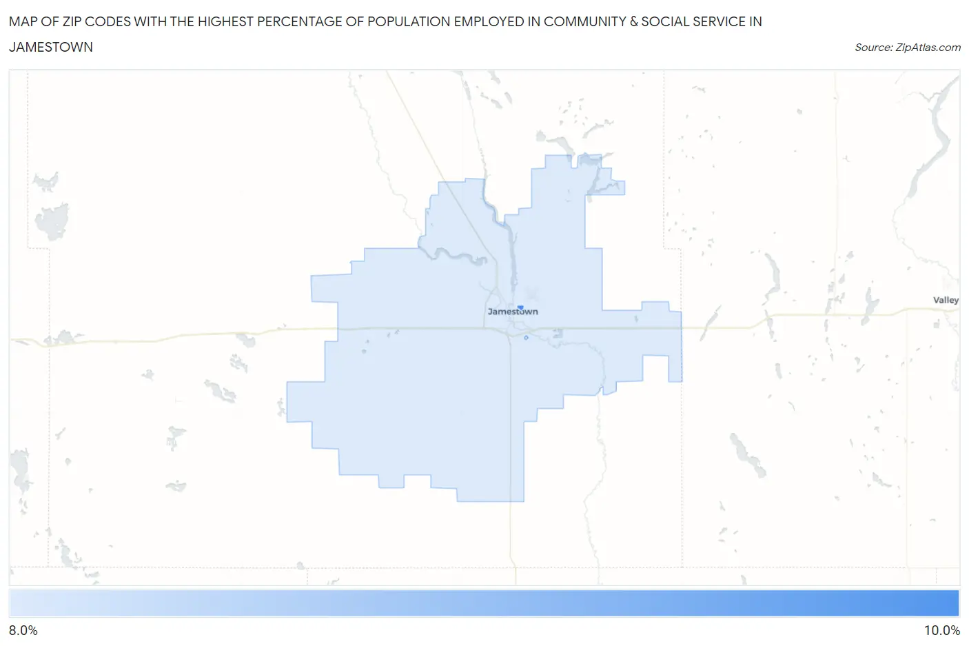 Zip Codes with the Highest Percentage of Population Employed in Community & Social Service  in Jamestown Map