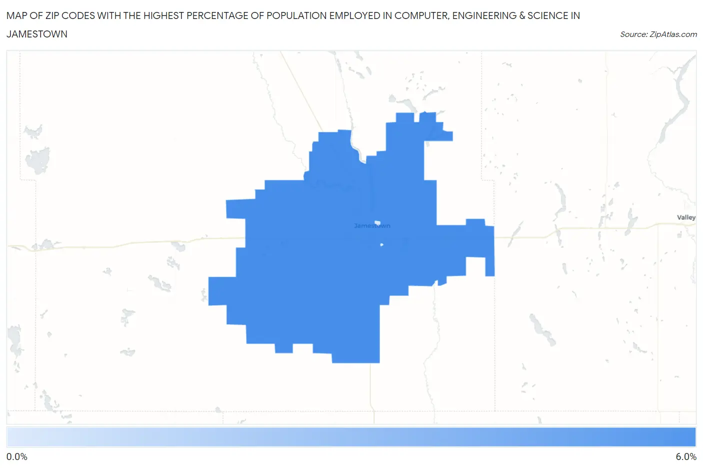 Zip Codes with the Highest Percentage of Population Employed in Computer, Engineering & Science in Jamestown Map