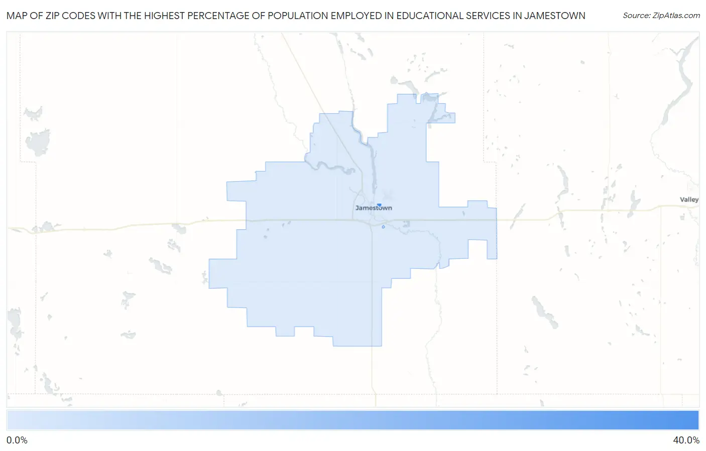 Zip Codes with the Highest Percentage of Population Employed in Educational Services in Jamestown Map