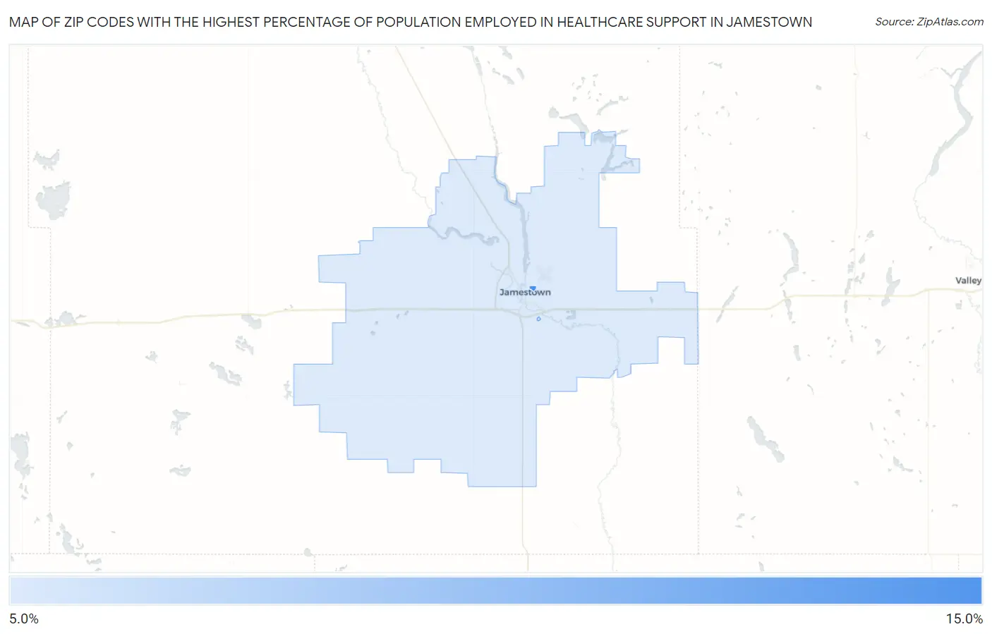 Zip Codes with the Highest Percentage of Population Employed in Healthcare Support in Jamestown Map