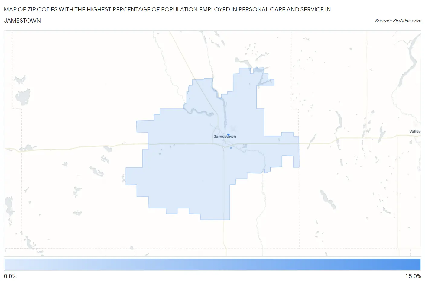 Zip Codes with the Highest Percentage of Population Employed in Personal Care and Service in Jamestown Map