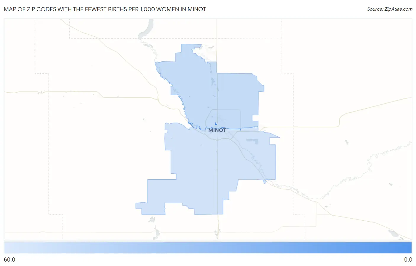 Zip Codes with the Fewest Births per 1,000 Women in Minot Map