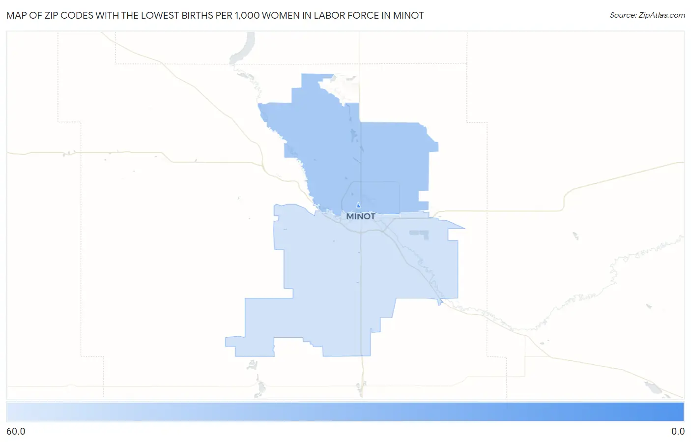 Zip Codes with the Lowest Births per 1,000 Women in Labor Force in Minot Map