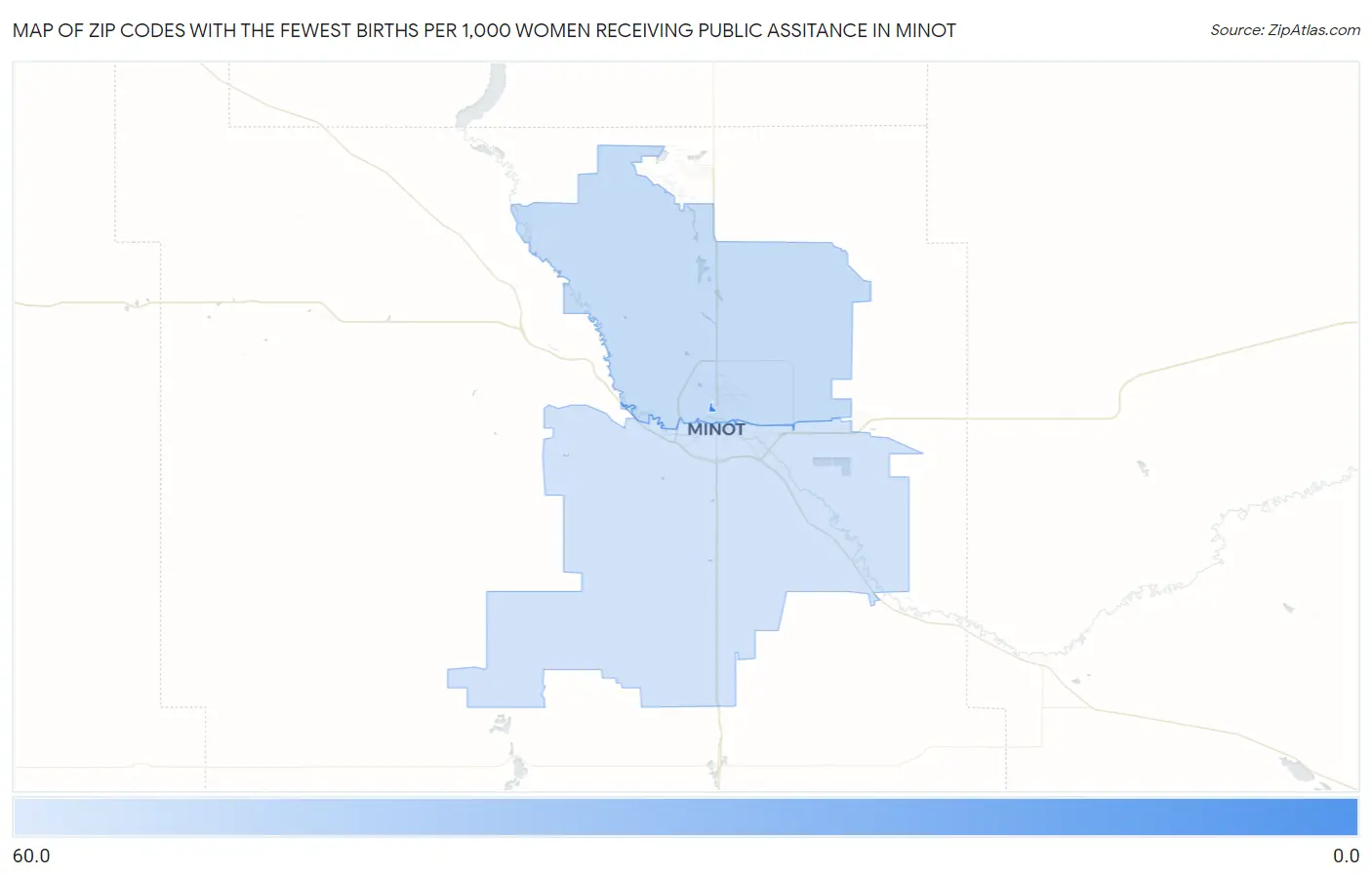 Zip Codes with the Fewest Births per 1,000 Women Receiving Public Assitance in Minot Map