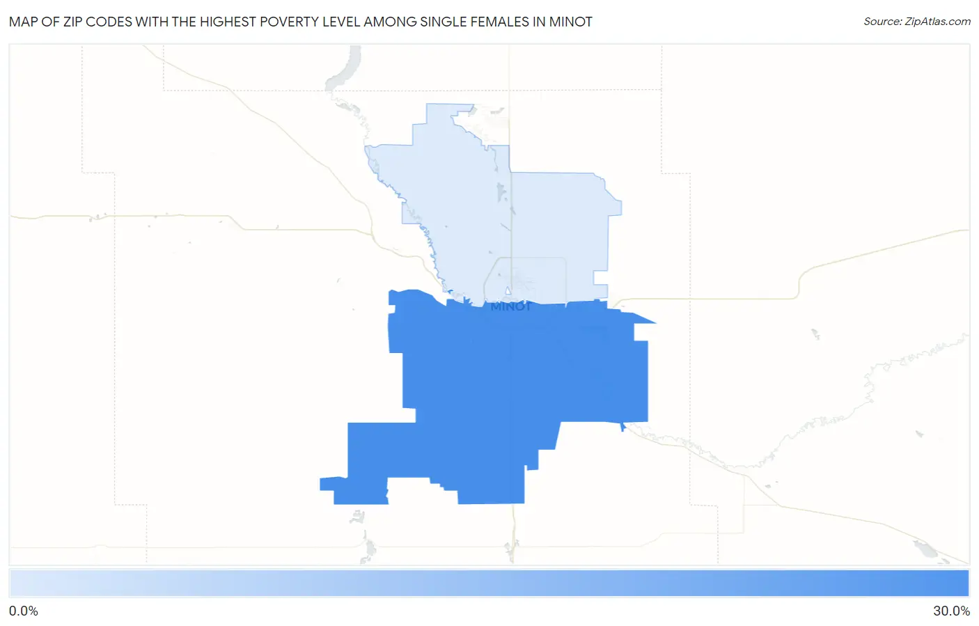 Zip Codes with the Highest Poverty Level Among Single Females in Minot Map