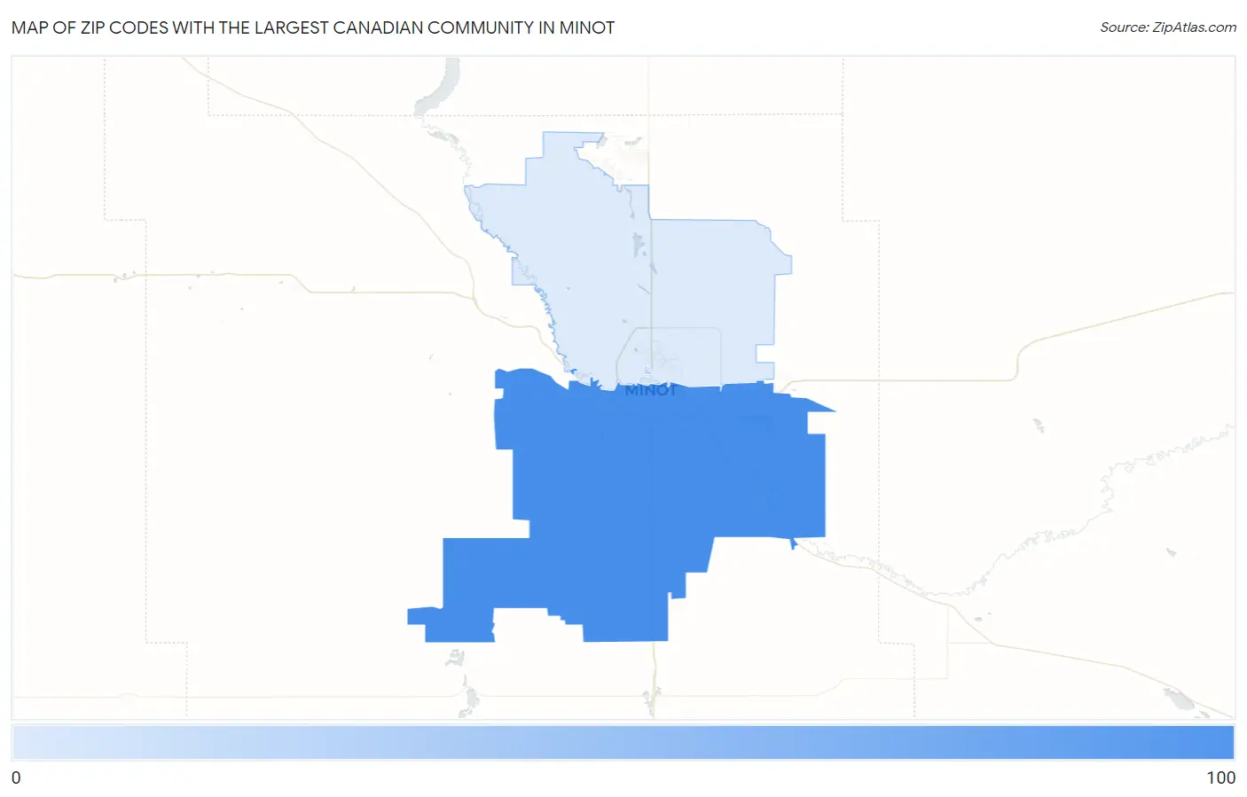 Zip Codes with the Largest Canadian Community in Minot Map