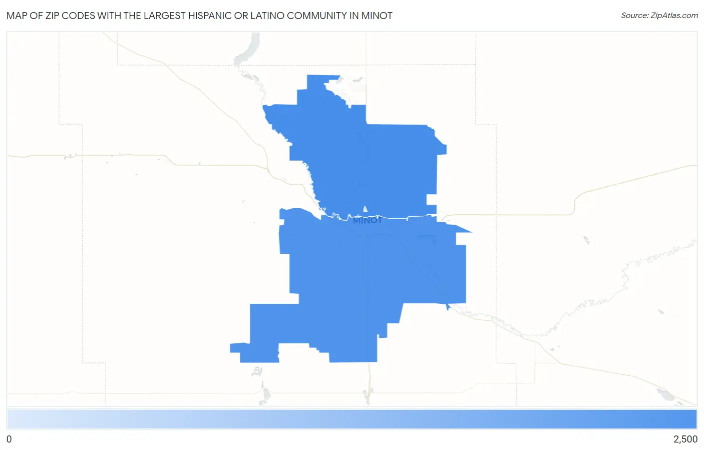 Zip Codes with the Largest Hispanic or Latino Community in Minot Map