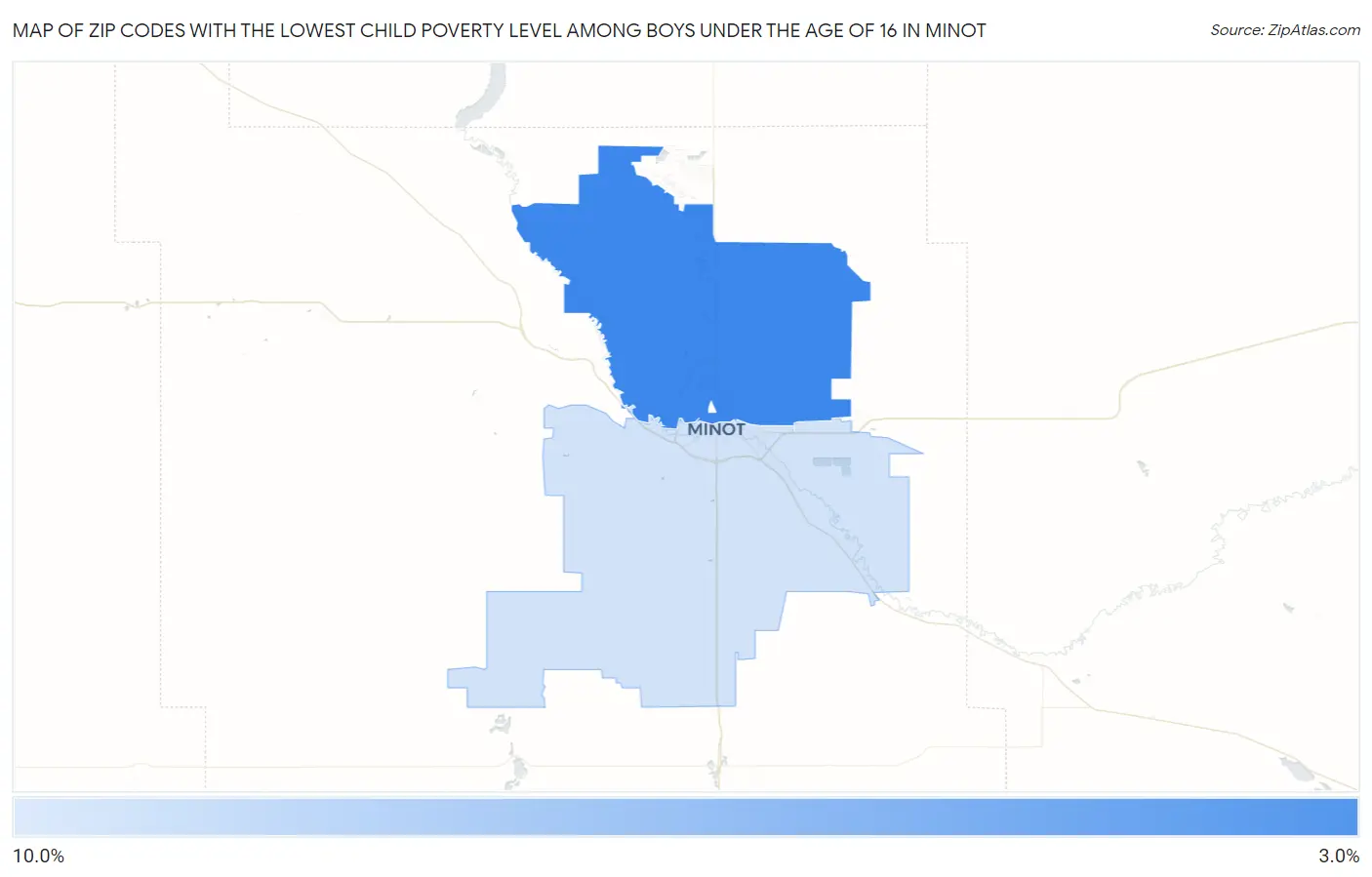 Zip Codes with the Lowest Child Poverty Level Among Boys Under the Age of 16 in Minot Map