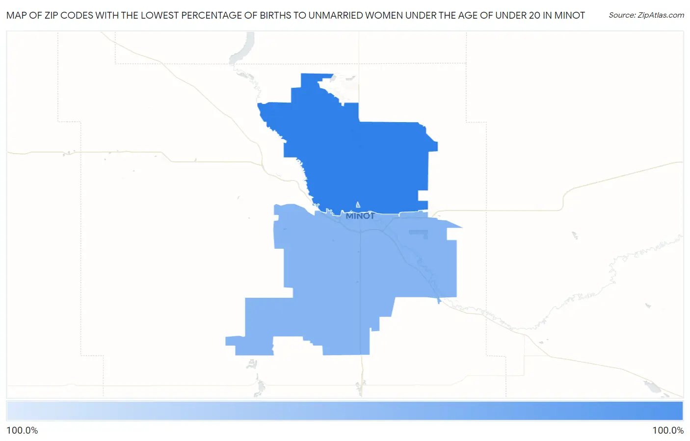 Zip Codes with the Lowest Percentage of Births to Unmarried Women under the Age of under 20 in Minot Map