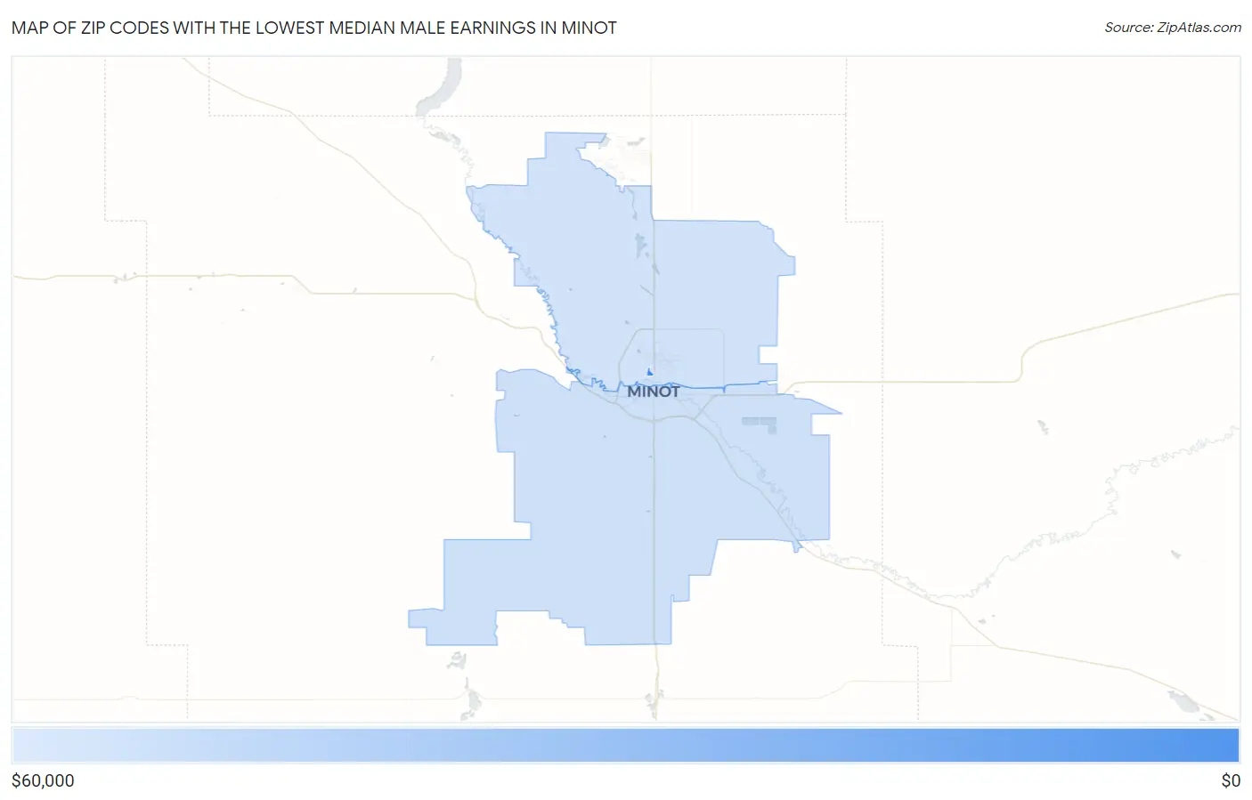 Zip Codes with the Lowest Median Male Earnings in Minot Map