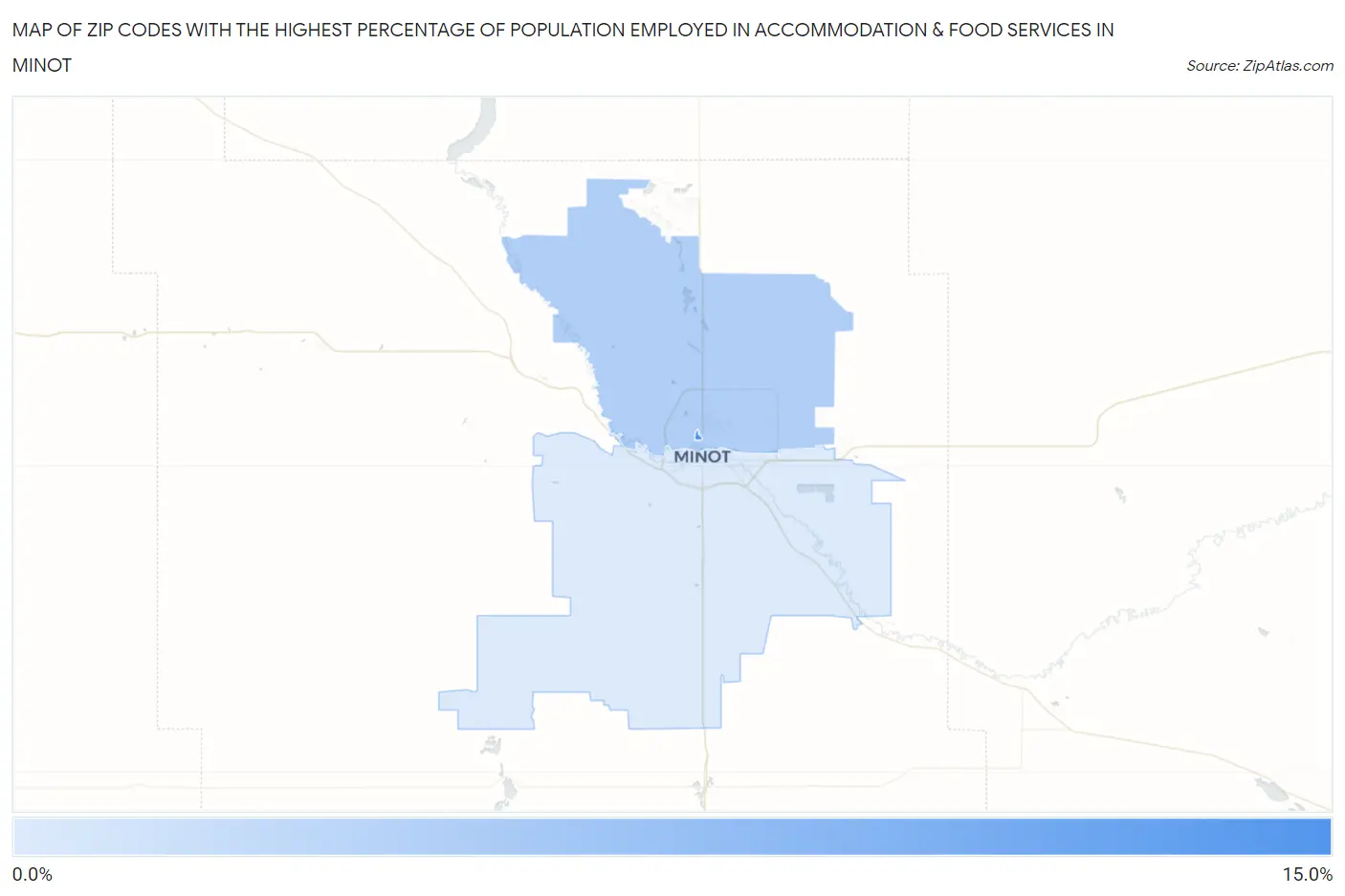 Zip Codes with the Highest Percentage of Population Employed in Accommodation & Food Services in Minot Map