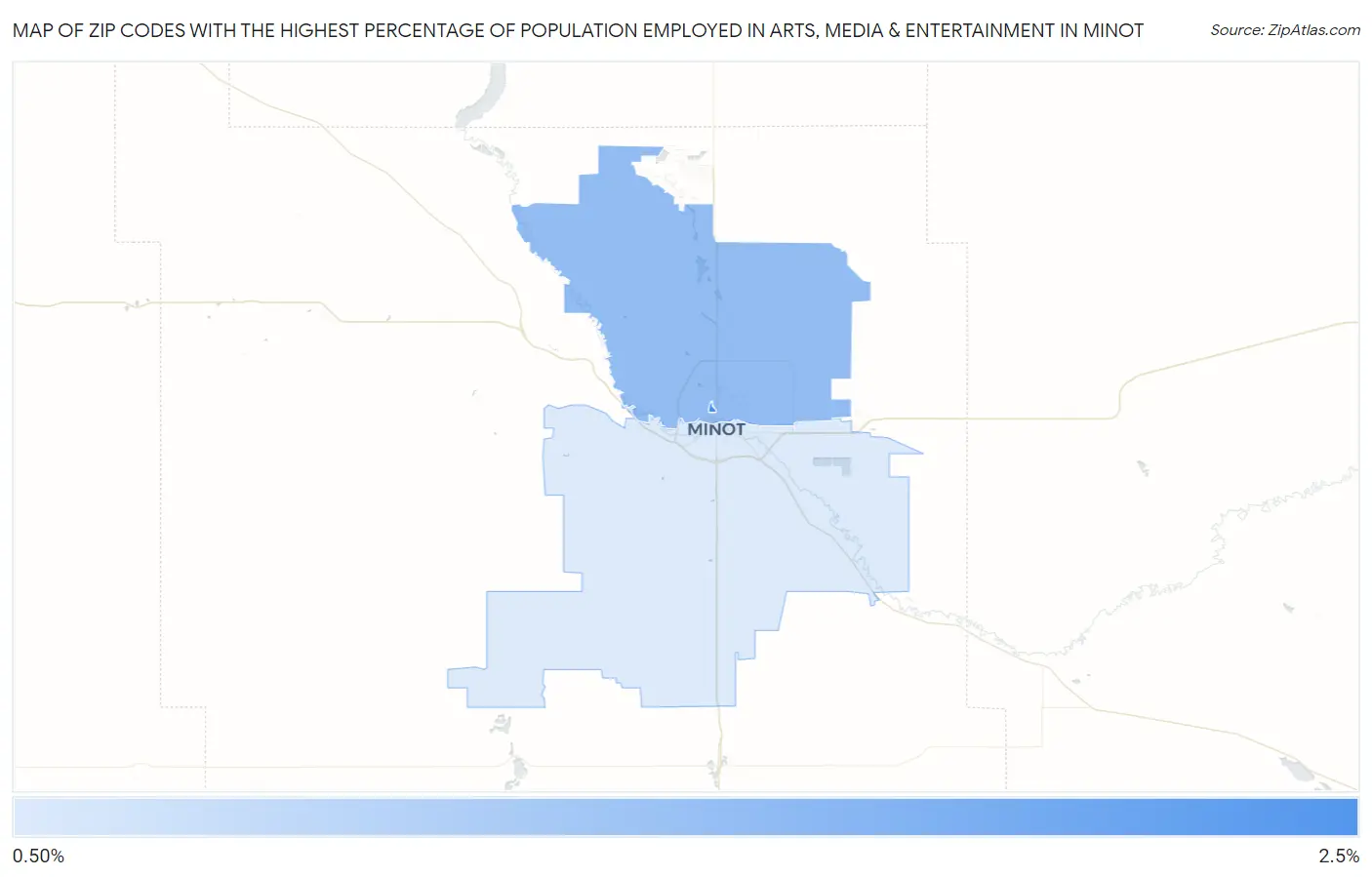 Zip Codes with the Highest Percentage of Population Employed in Arts, Media & Entertainment in Minot Map