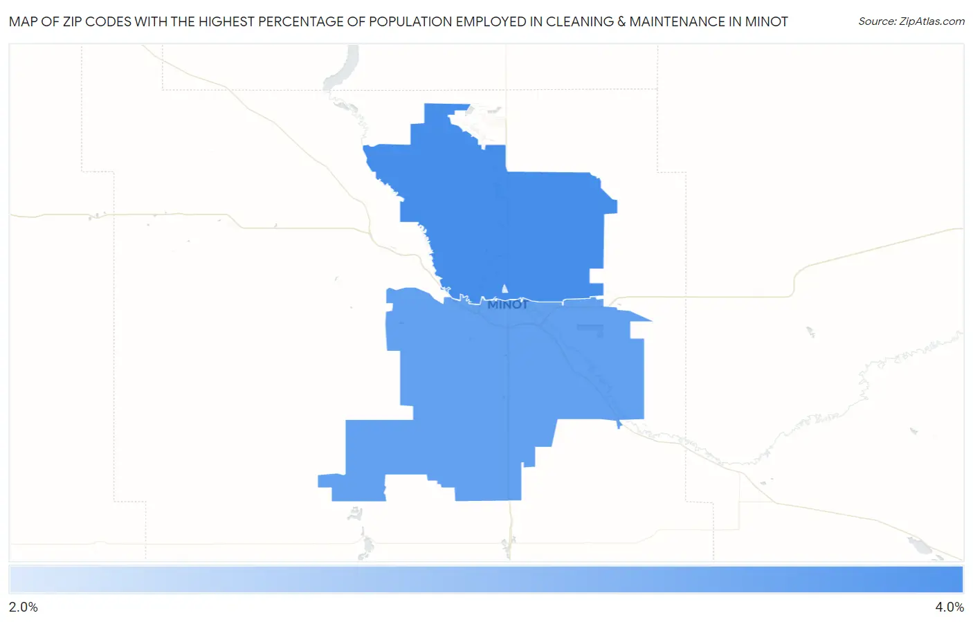 Zip Codes with the Highest Percentage of Population Employed in Cleaning & Maintenance in Minot Map