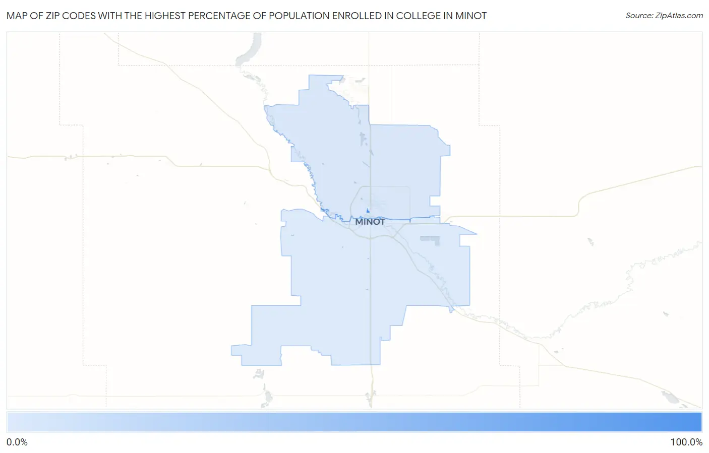 Zip Codes with the Highest Percentage of Population Enrolled in College in Minot Map